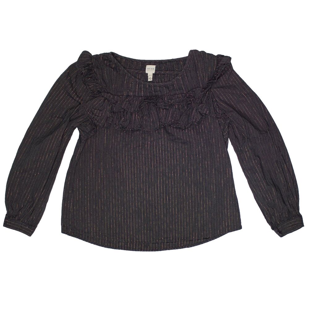La Vie Rebecca Taylor Black Metallic Stripe Ruffled Long Sleeve Top Women Size S